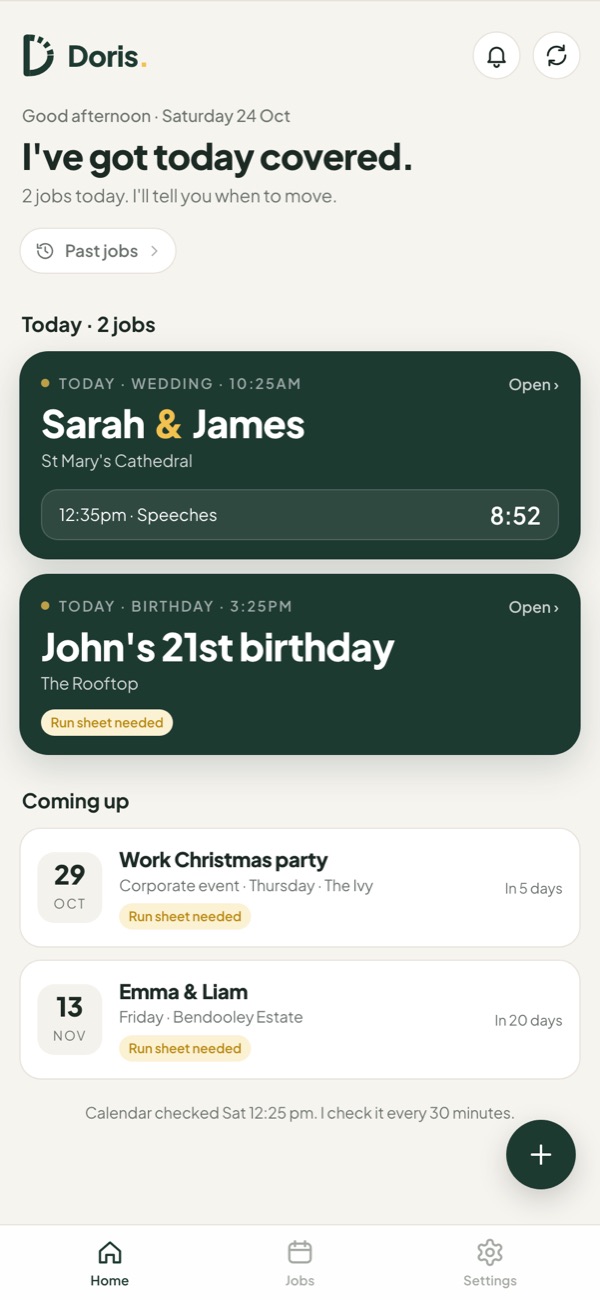 The Doris app home screen showing today's wedding and the next moment