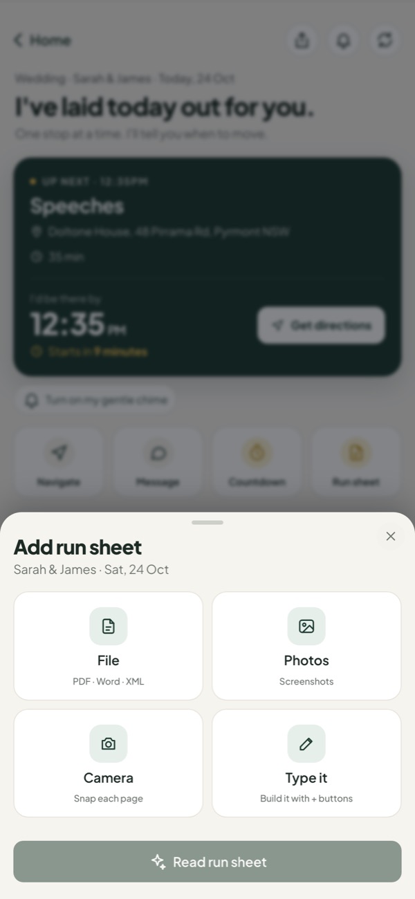 Adding a runsheet in Doris: file, photos, camera or type it